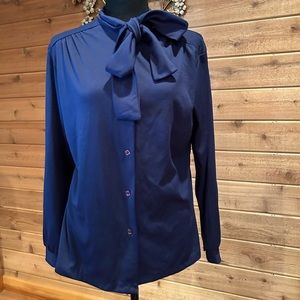 Gorgeous vintage blue polyester blouse with bow